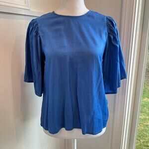 FRNCH Blue XS Prairie Cottagecore Wide‎ Sleeve Keyhole Silk-Feel Blouse Shirt